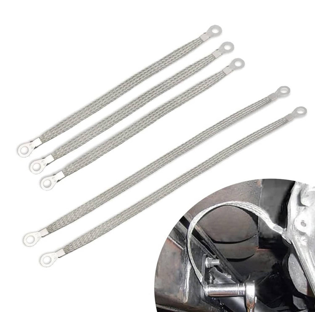 Braided tinned copper ground strap set with ring terminals, five-pack