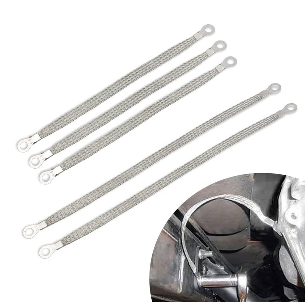 Braided tinned copper ground strap set with ring terminals, five-pack