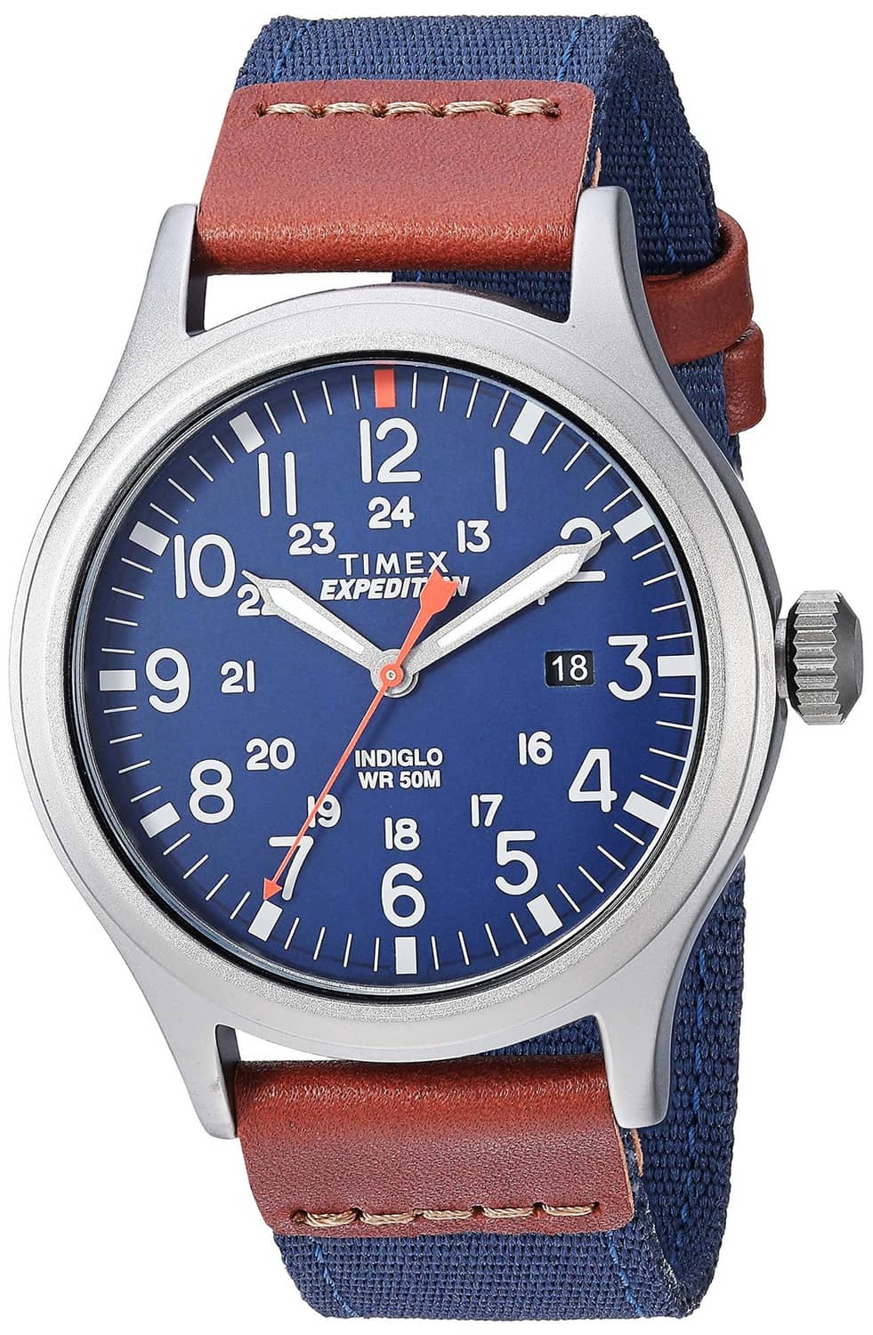 Mens wristwatch with blue dial, gray case, and blue fabric strap with brown leather ends