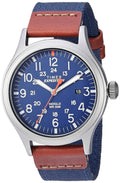 Mens wristwatch with blue dial, gray case, and blue fabric strap with brown leather ends