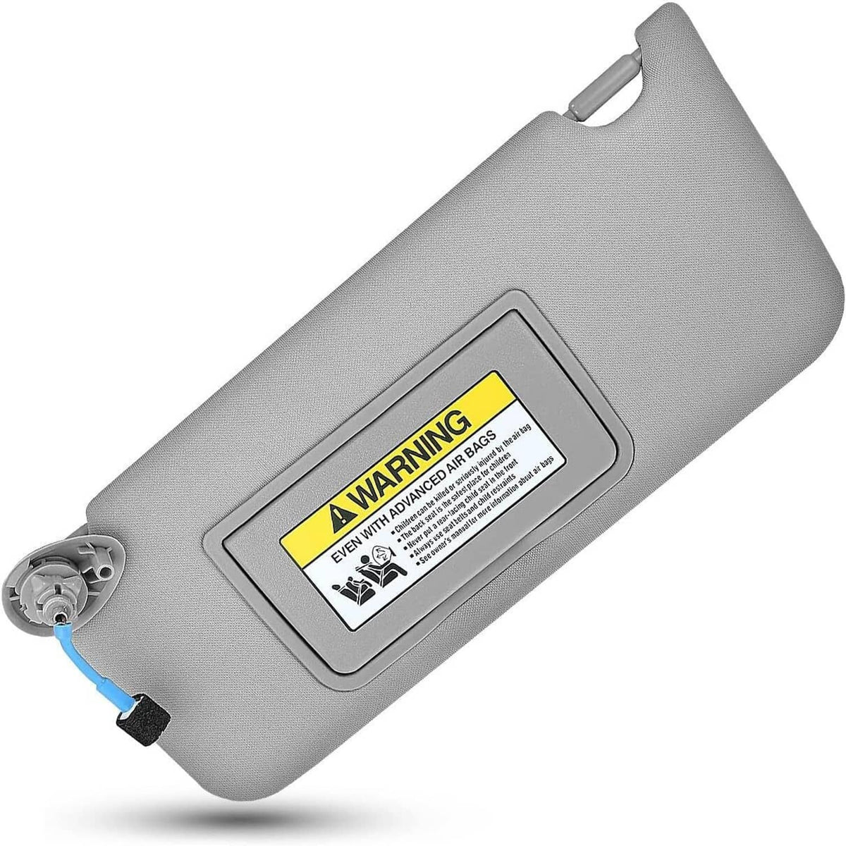 Gray car sun visor with AIR BAG warning label and blue wiring connector at edge