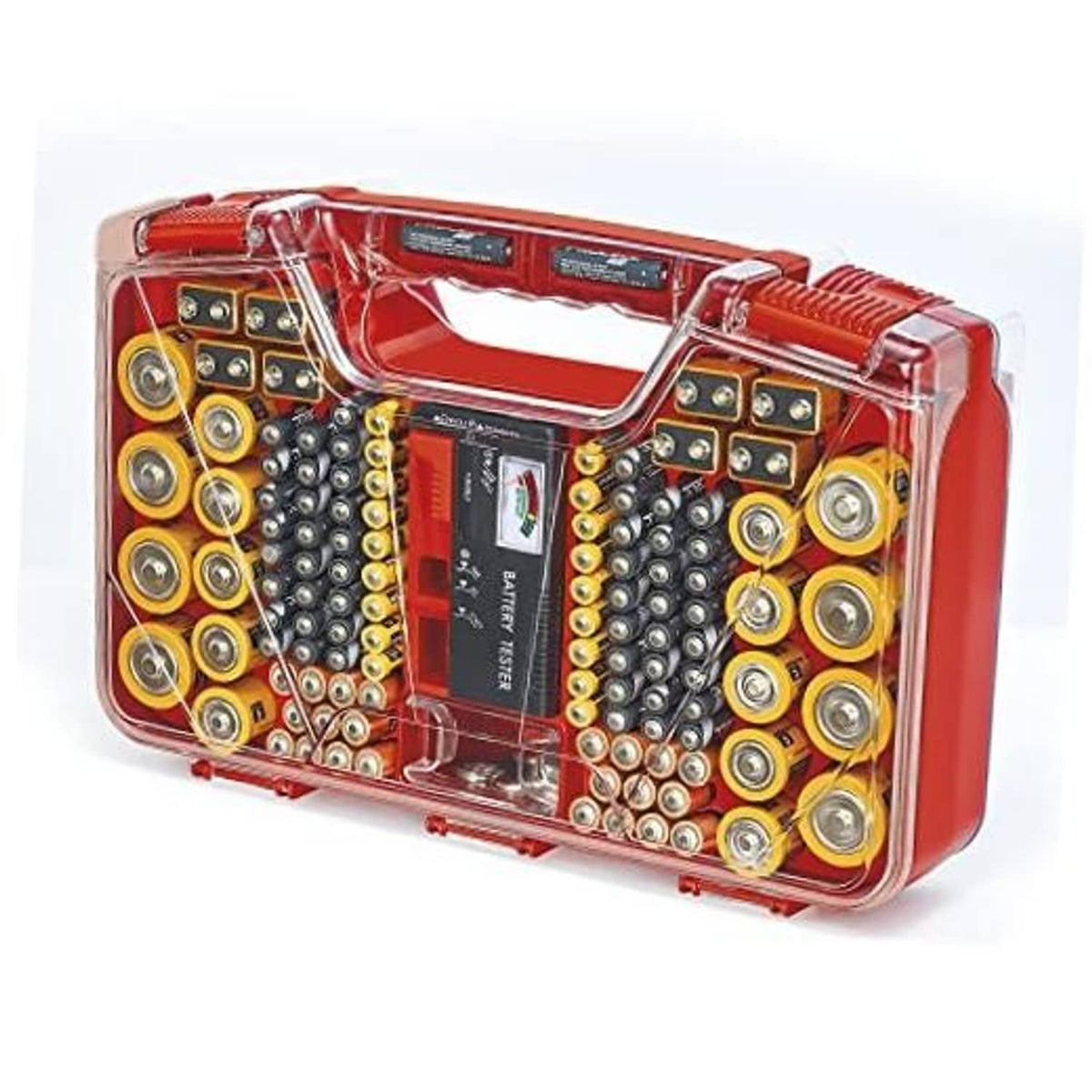Red battery organizer case with clear lid, filled with AA and AAA batteries