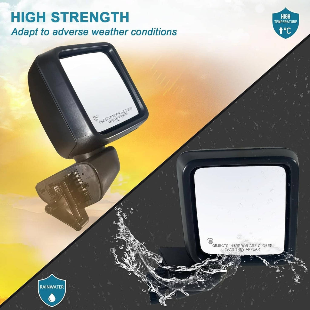 Black right side power heated mirror with heated glass protection from water