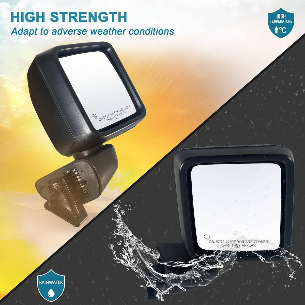 Black right side power heated mirror with heated glass protection from water
