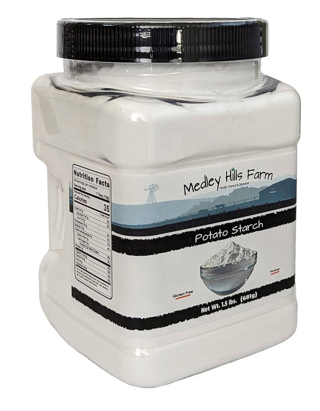 Potato starch container back label with Nutrition Facts and black ribbed cap.