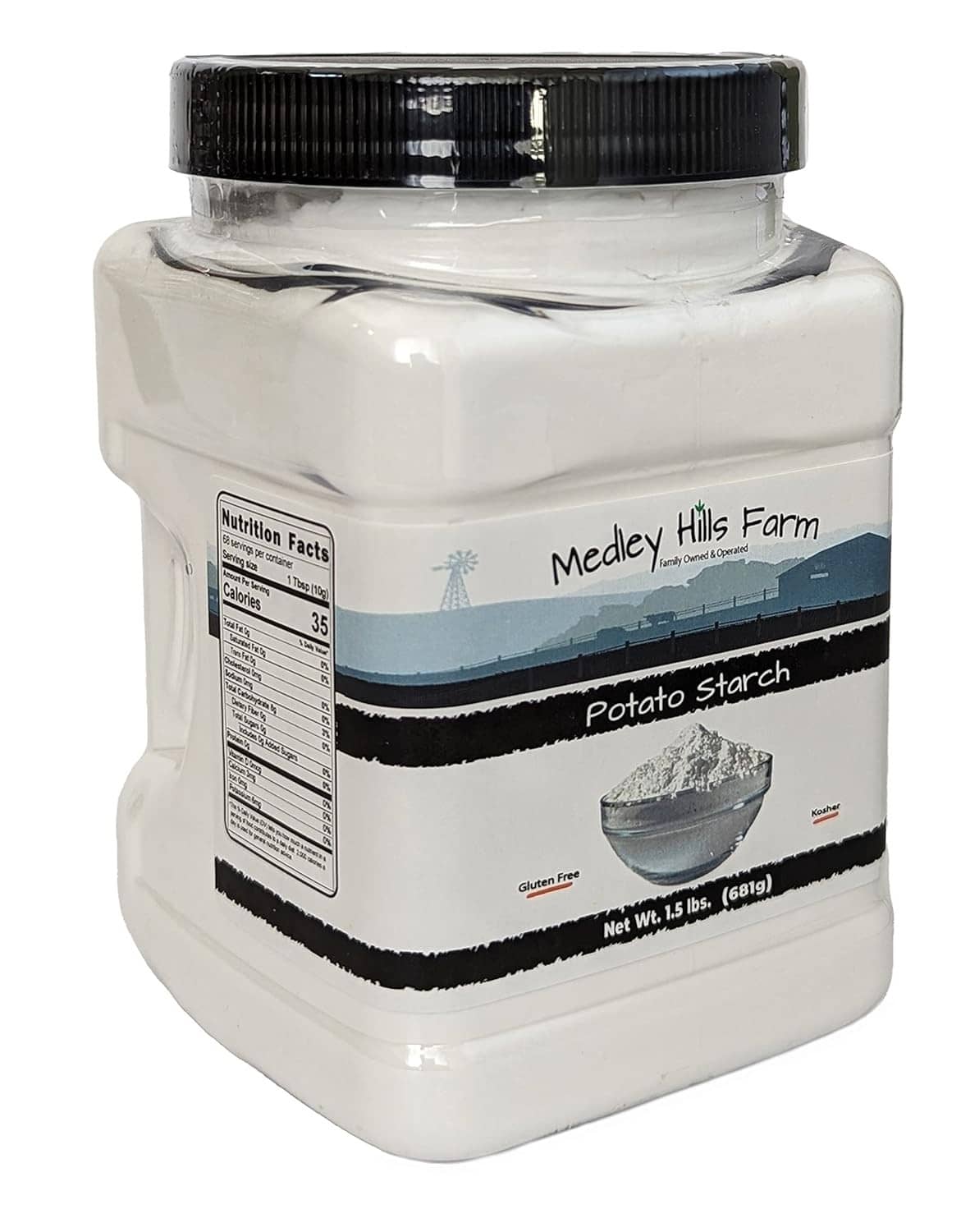 Potato starch container back label with Nutrition Facts and black ribbed cap.