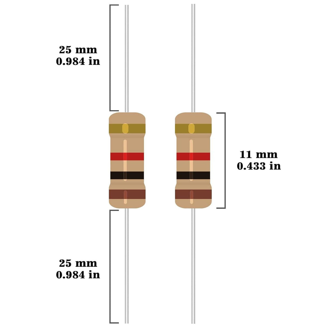1W carbon film resistors size diagram showing 25mm and 11mm measurements