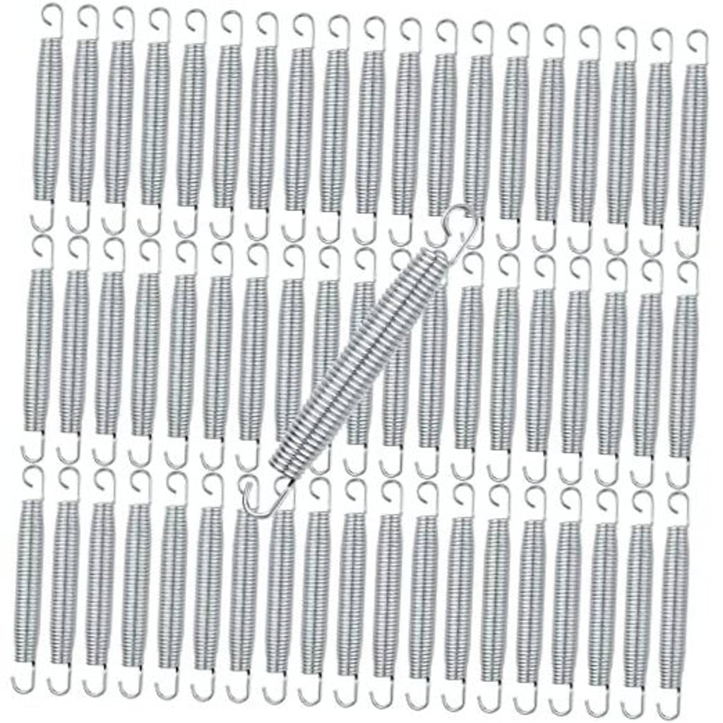 Set of silver trampoline replacement springs with looped end hooks, stainless steel