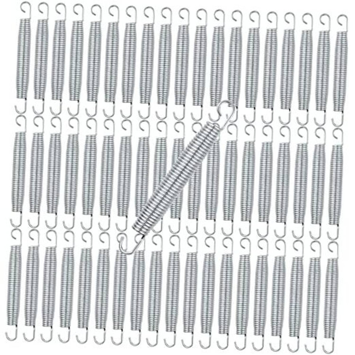 Set of silver trampoline replacement springs with looped end hooks, stainless steel