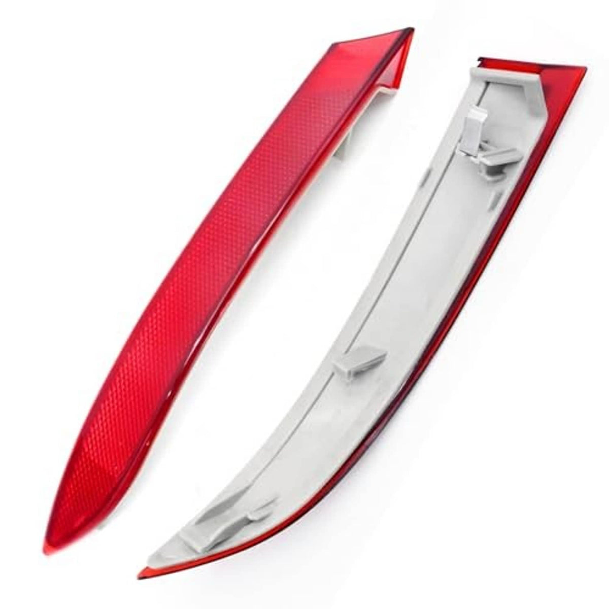 Pair of red rear bumper reflector lenses with white mounting bracket and backing