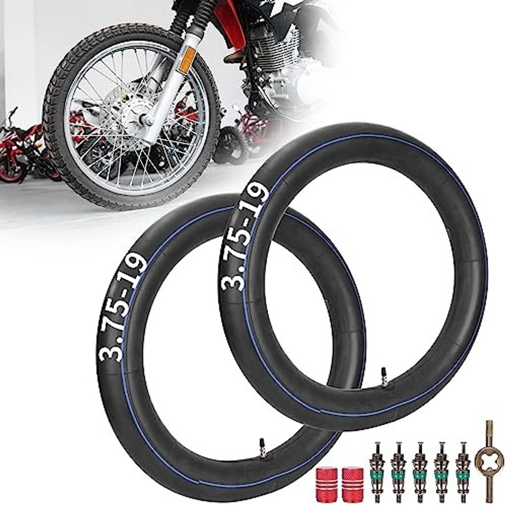 Motorcycle inner tubes, black with blue stripe, 3.75-19, plus valve accessories