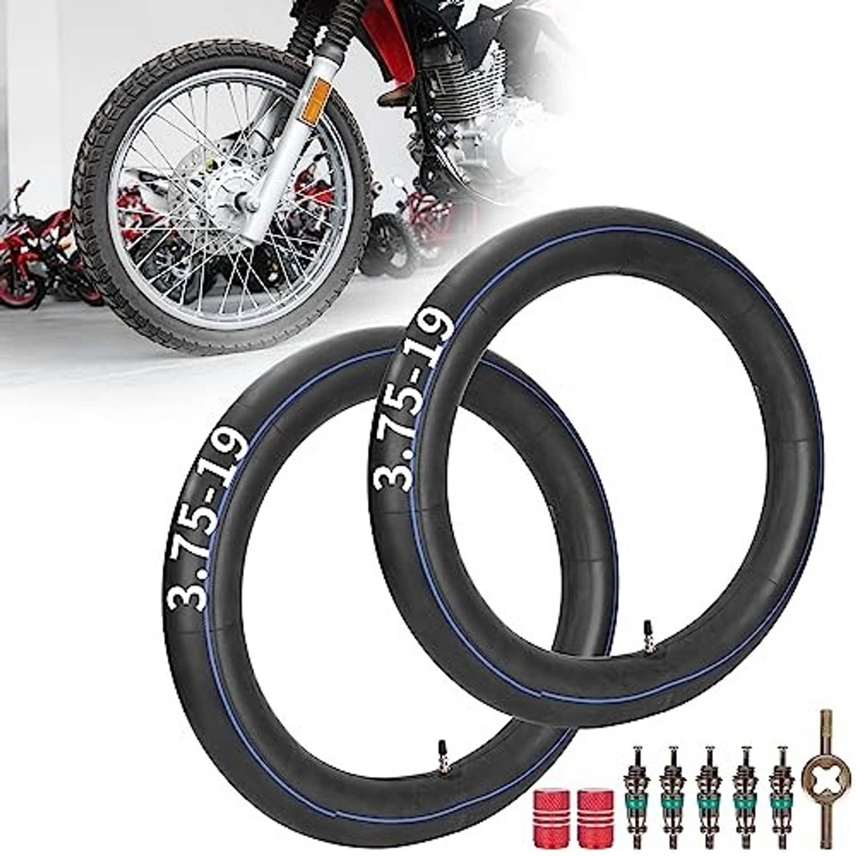 Motorcycle inner tubes, black with blue stripe, 3.75-19, plus valve accessories
