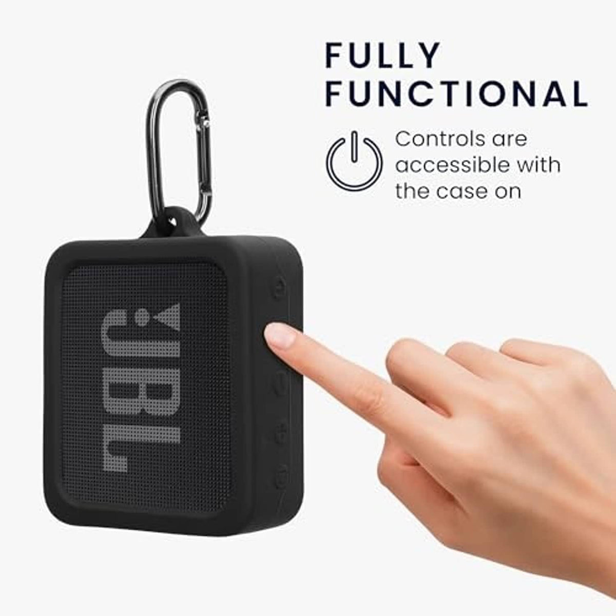 Black silicone case with carabiner clip and cutouts for controls on mini speaker