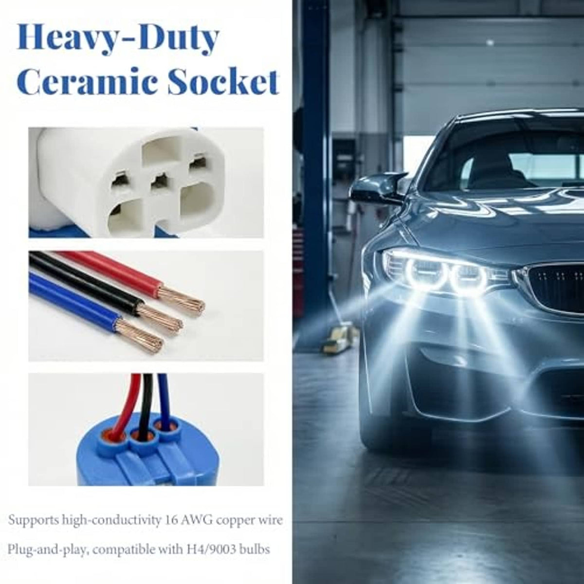 Headlight wiring harness pigtail, white socket with blue base and red/blue wire leads