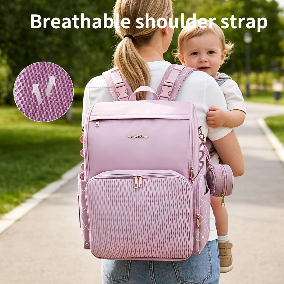 Lavender diaper bag with breathable shoulder straps and quilted front pocket