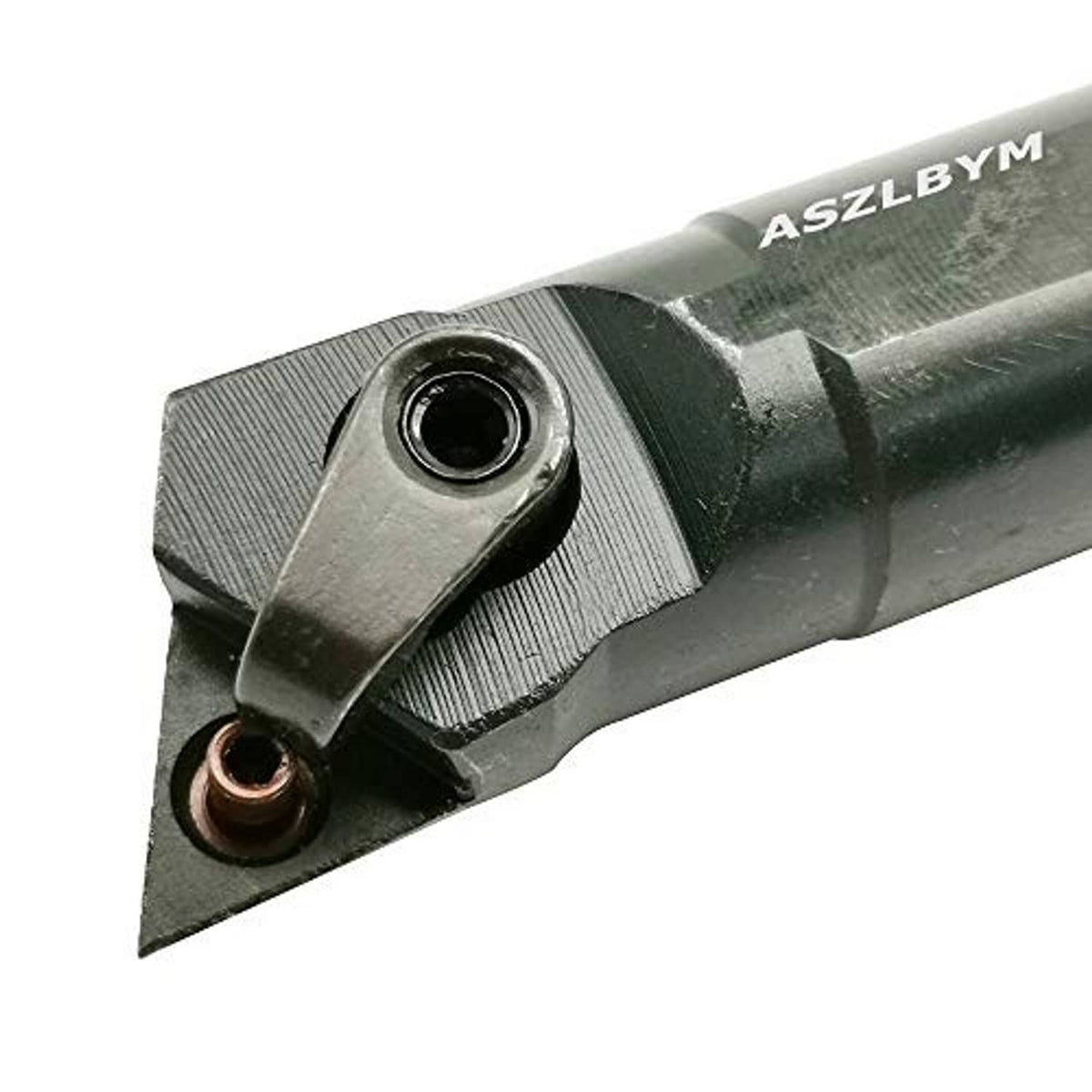 Boring bar tool holder with triangular carbide insert and clamping screw at the tip
