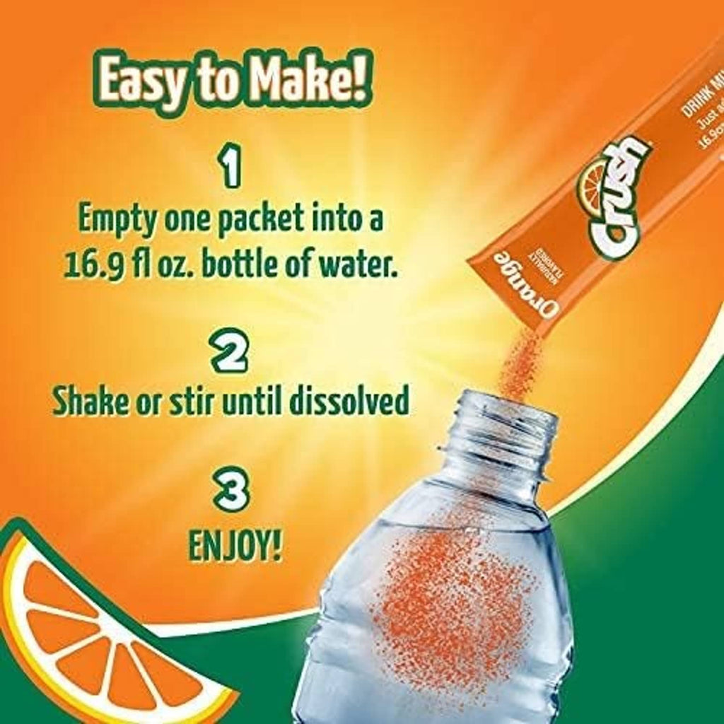 How to mix orange drink mix: add packet to water bottle, shake or stir