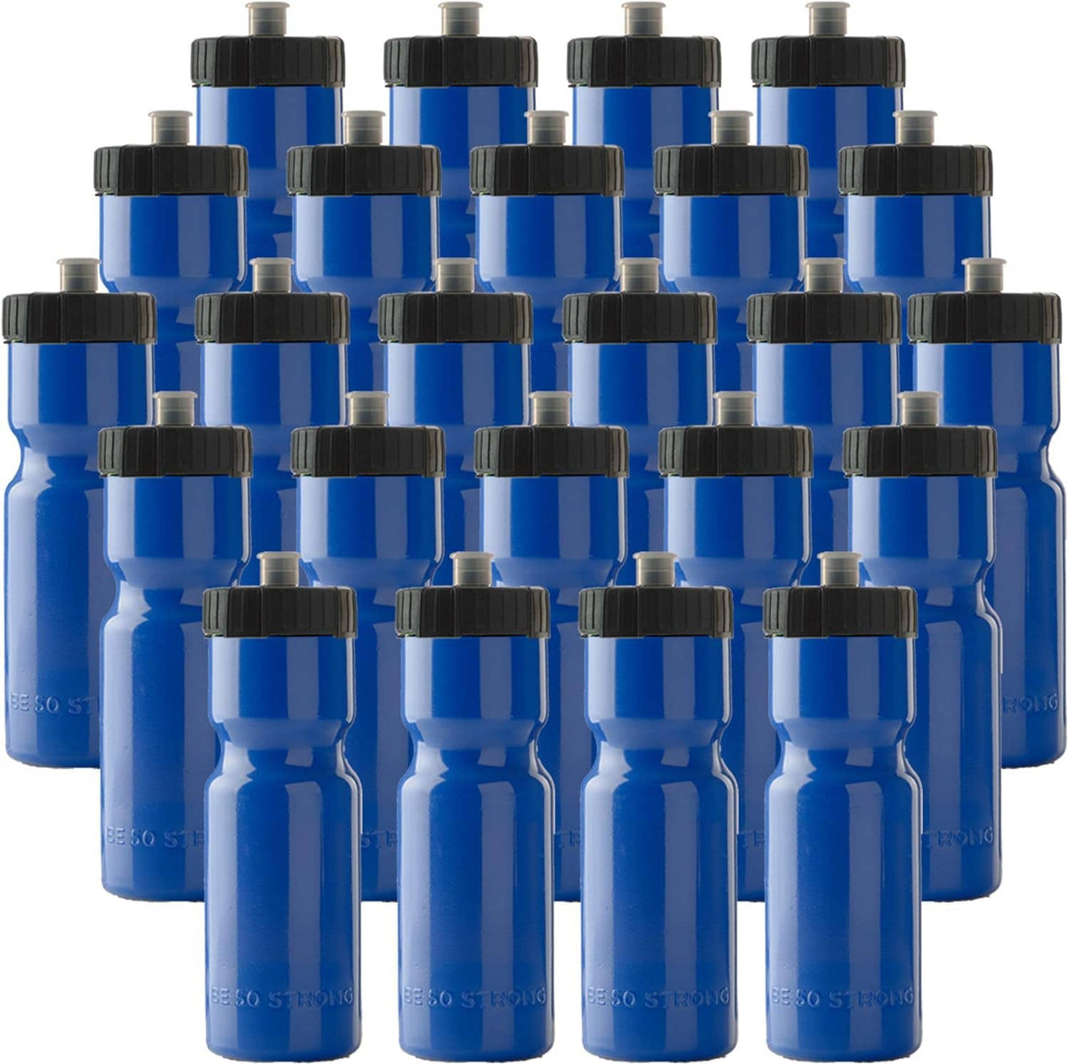 Pack of blue 22 oz water bottles with black caps, BPA-free sports style