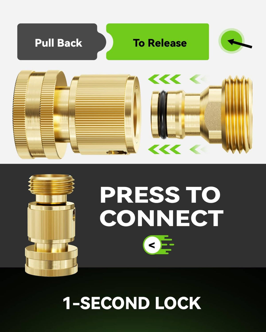 Brass press-to-connect quick hose fitting with 1-second lock and release tab