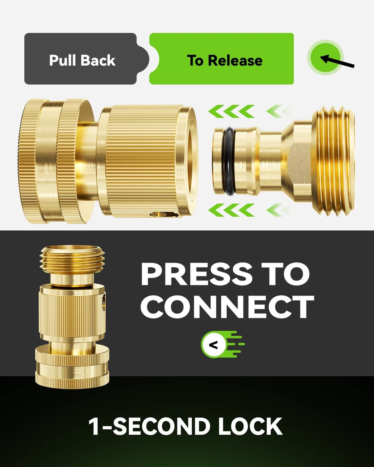 Brass press-to-connect quick hose fitting with 1-second lock and release tab