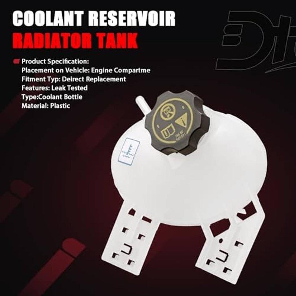 White coolant reservoir radiator tank with dark cap and two electrical connector leads