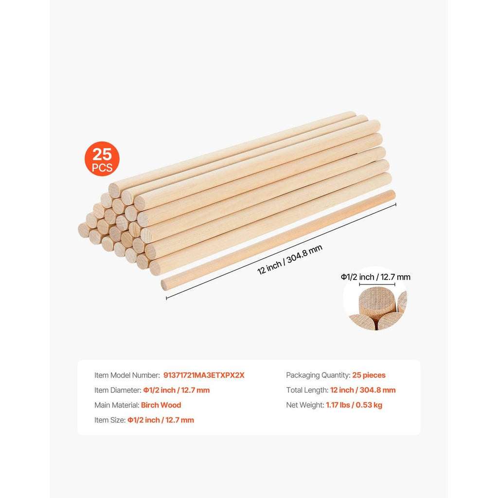 Bundle of 25 natural wood dowel rods with round ends and smooth cylindrical shape