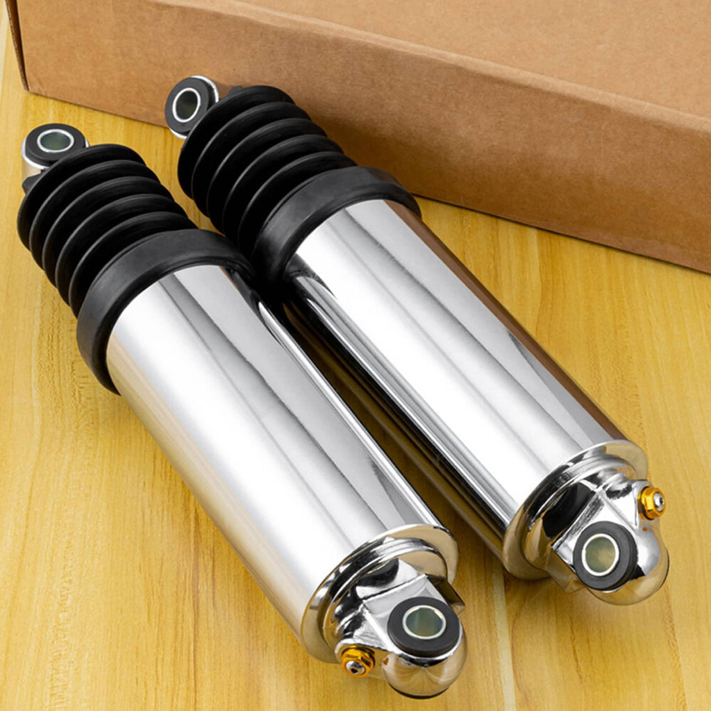 Chrome air shock absorbers showing black spring covers and silver mounting hardware
