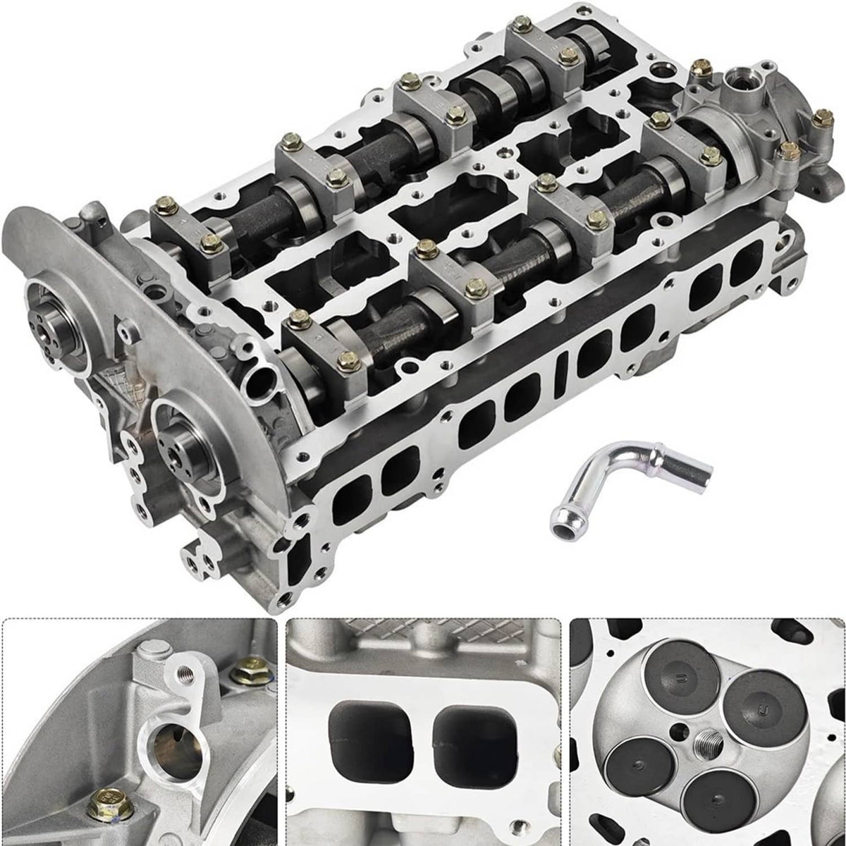 Cylinder head assembly with camshaft caps, rocker arms, and side drain passages