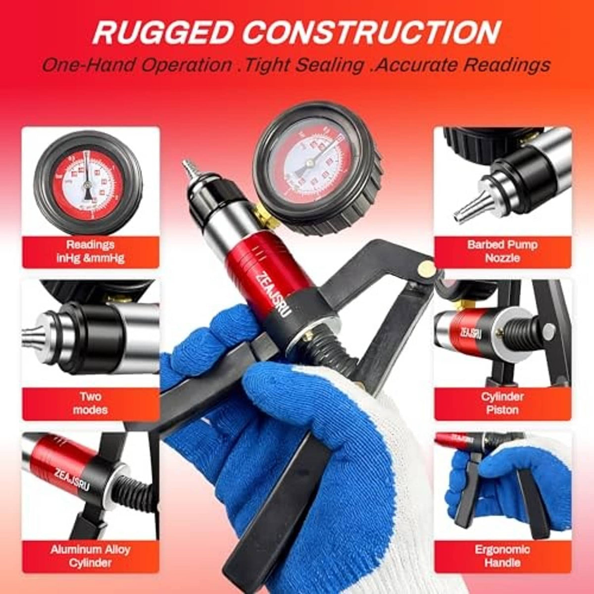 Handheld brake bleeder vacuum/pressure pump with round gauge and gripped handle