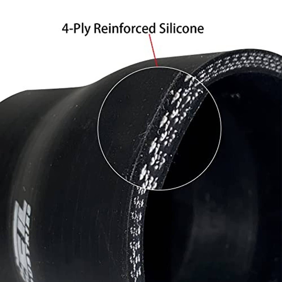 Black reinforced silicone coupler, close-up of textured inner braid at seam
