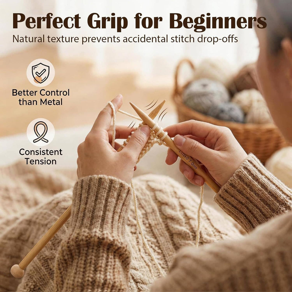 Bamboo knitting needles set in use, with straight needles and hand-knit fabric visible