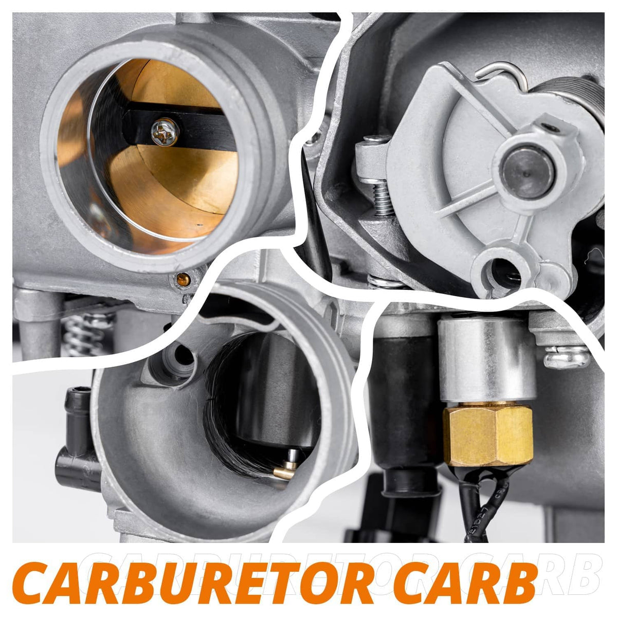 32mm ATV carburetor close-up showing round throttle bore and fuel outlet fitting