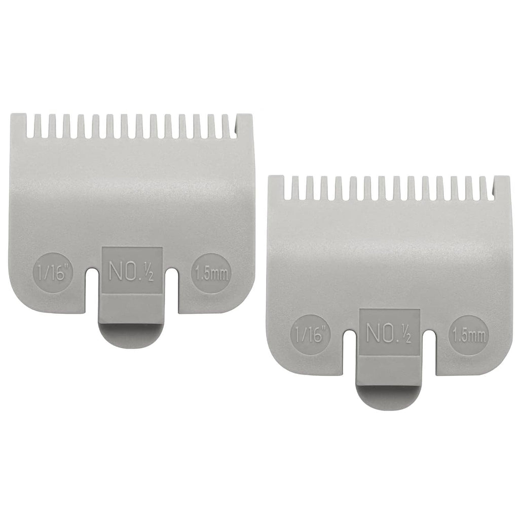 Pair of silver clipper guard attachments with comb teeth and size markings
