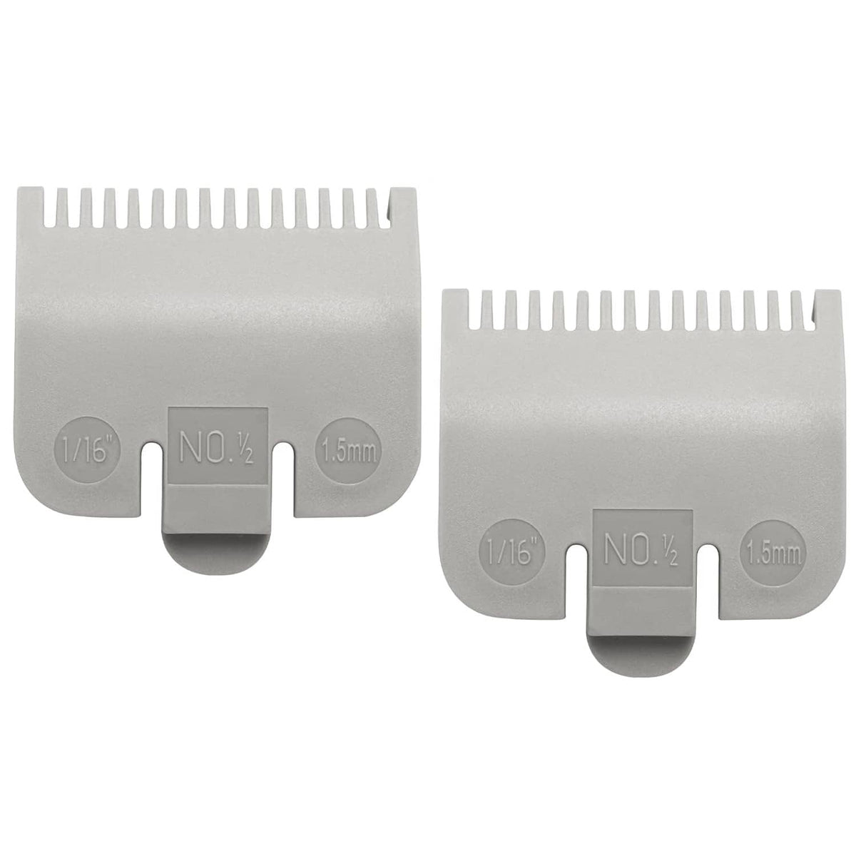 Pair of silver clipper guard attachments with comb teeth and size markings