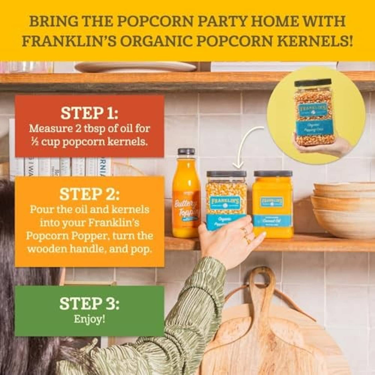 Organic popcorn kernels jar with black lid on kitchen counter, serving steps graphic.