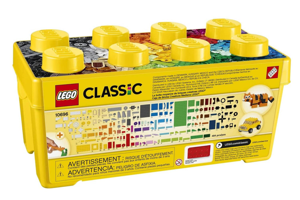 LEGO Classic brick box back panel with printed piece layouts and warnings