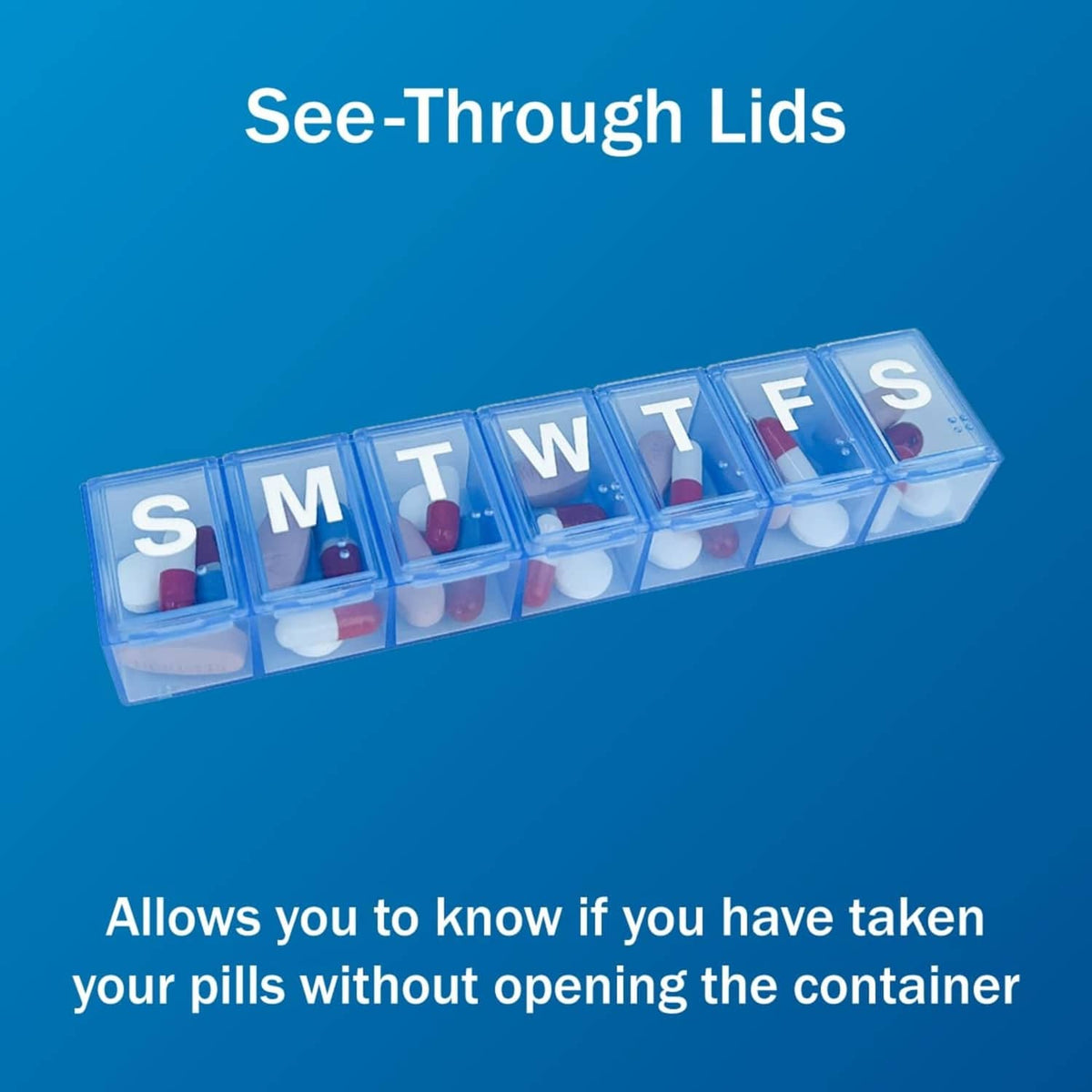 Blue weekly pill organizer showing see-through lids over labeled day compartments
