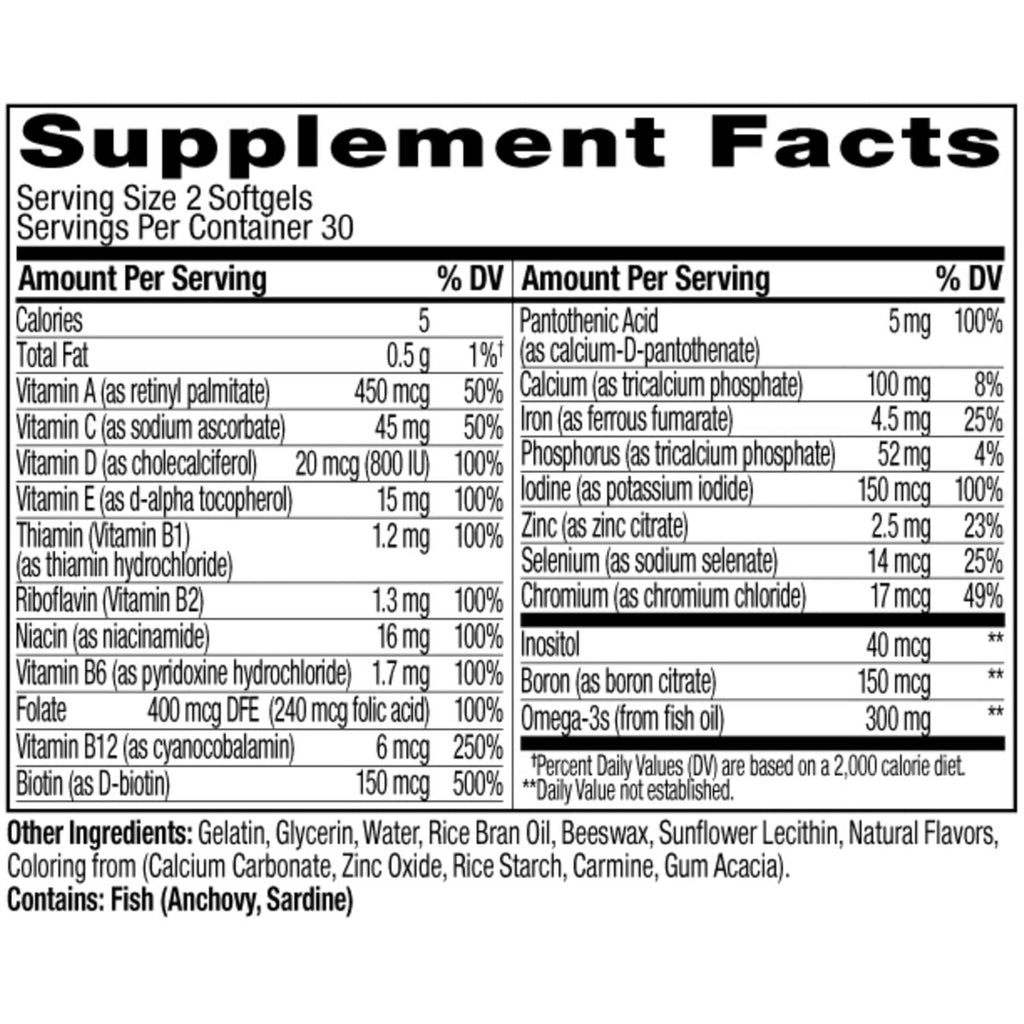 Supplement Facts panel listing vitamins, minerals, and omega-3 amounts.