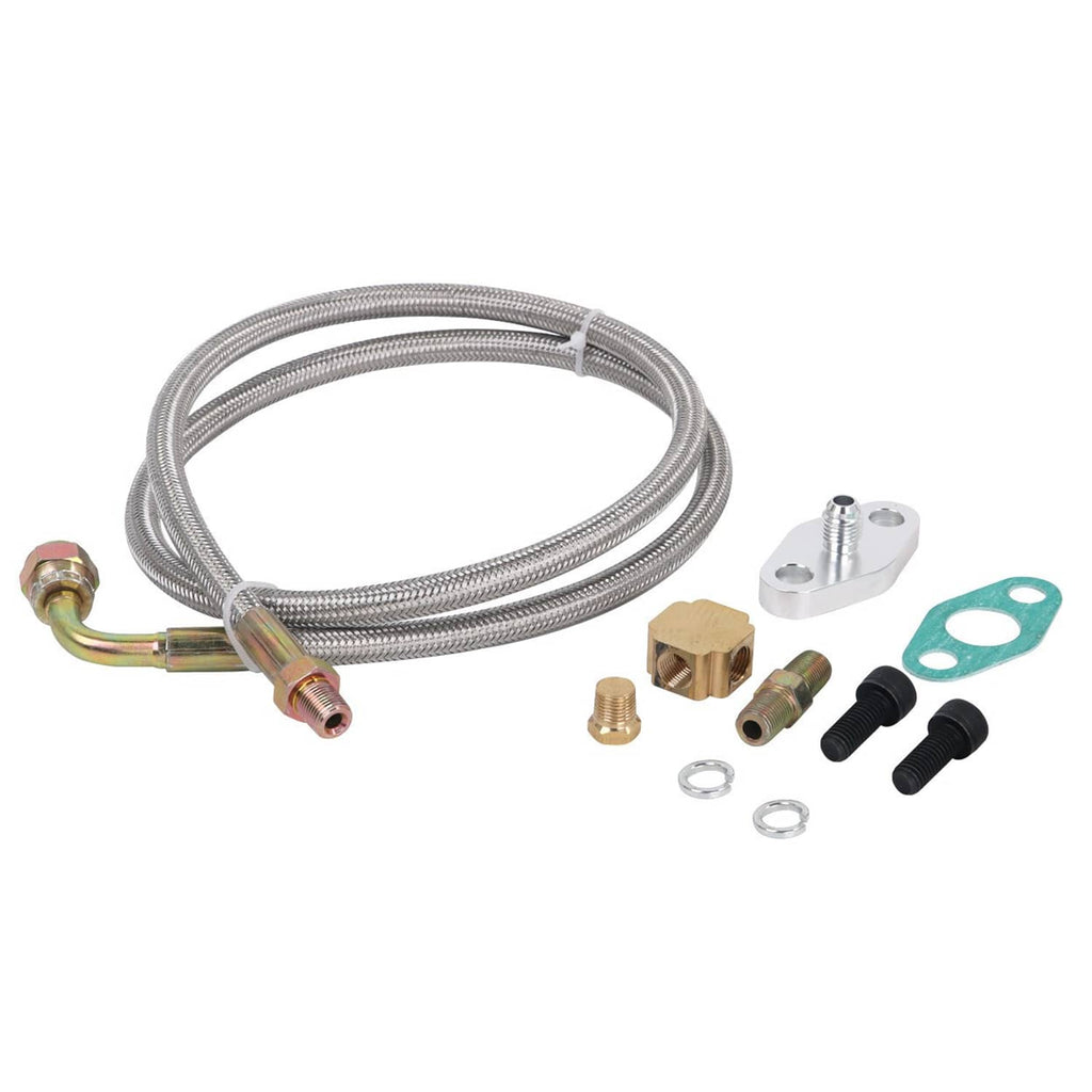 Turbo oil feed line kit with braided hose, brass fittings, O-ring, and mounting hardware