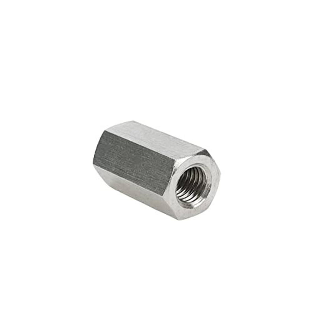 Stainless steel hex coupling nut with internal female threads, angled view