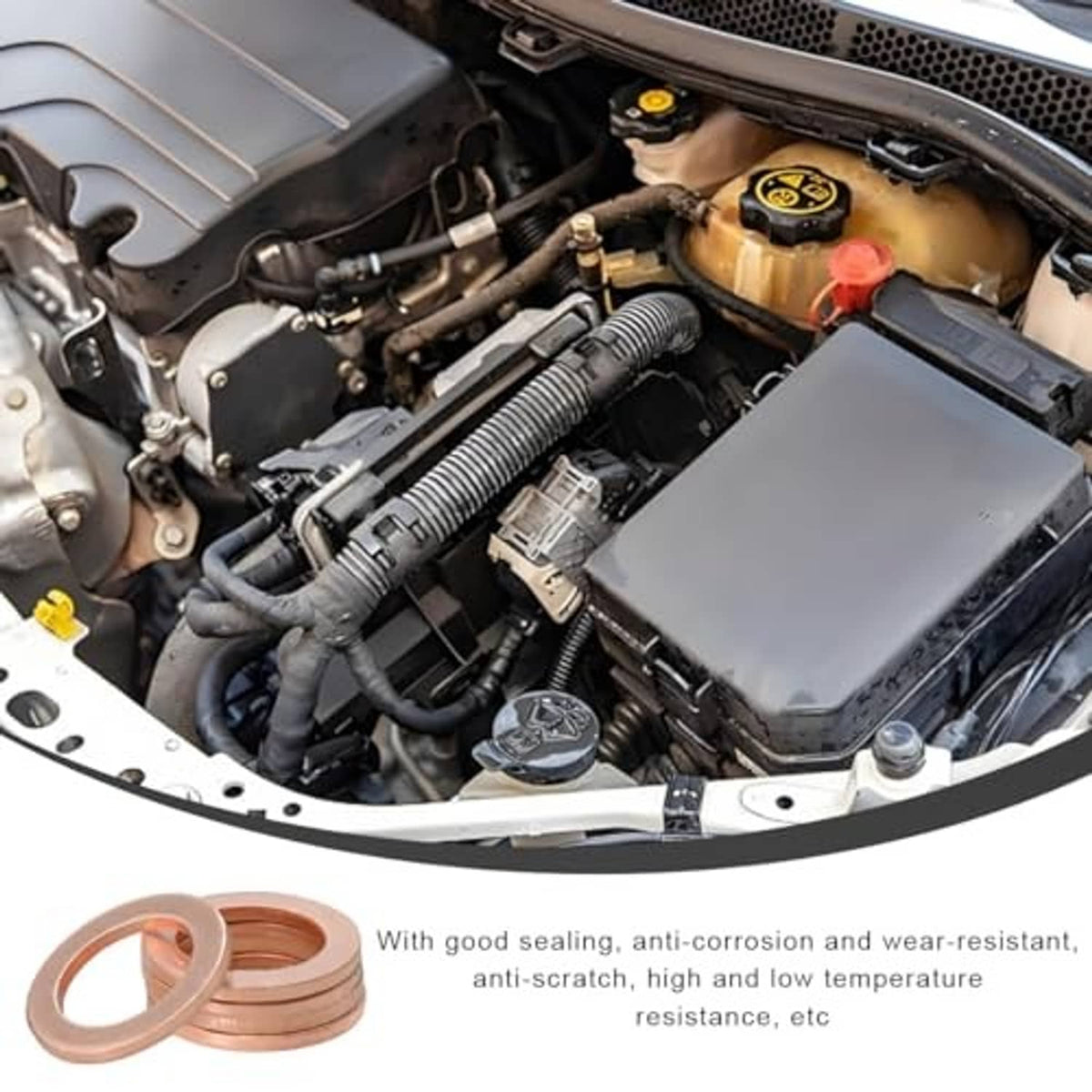 Copper oil drain plug gasket washers near engine bay, round flat washers with center hole