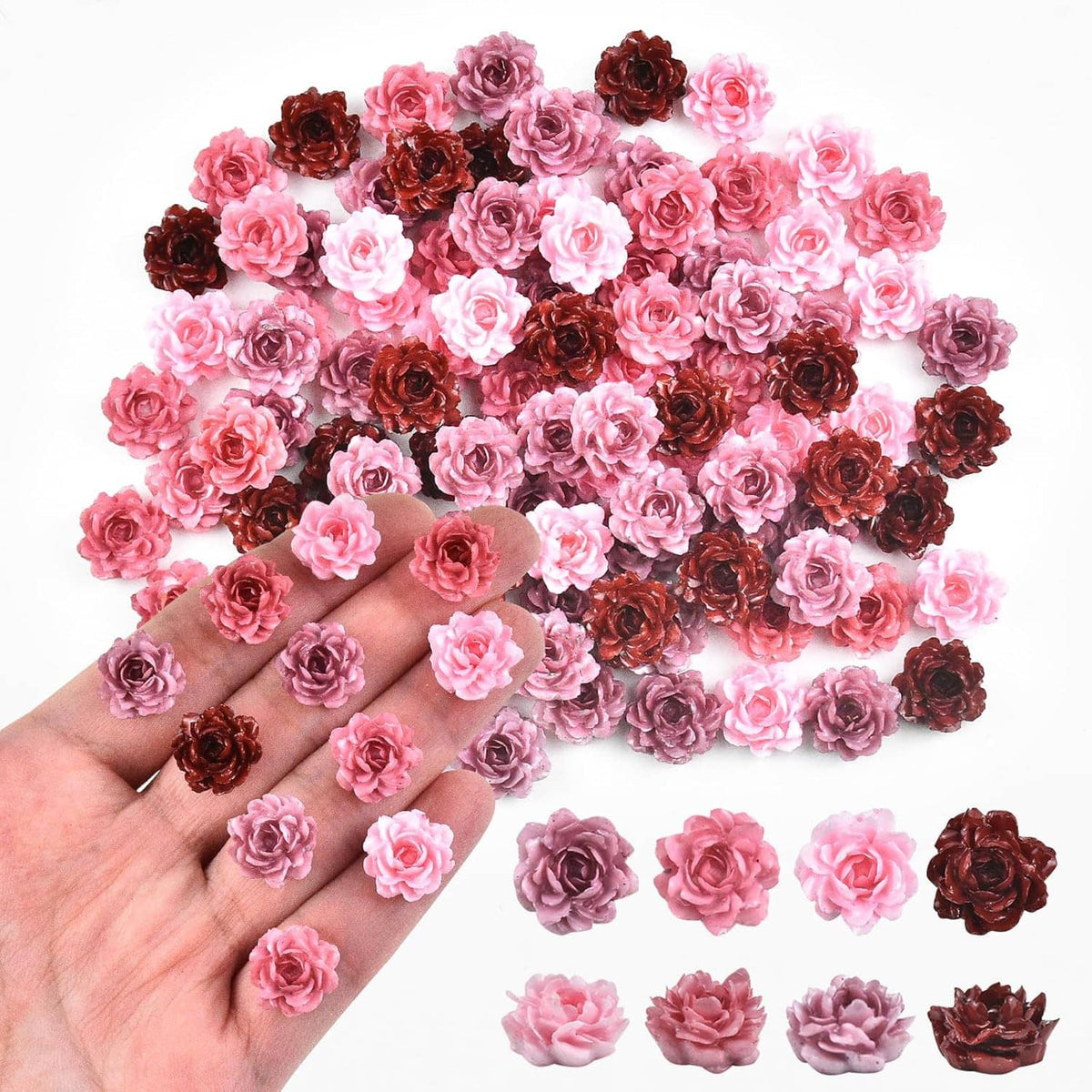 Tiny peony resin flower set, pink and dark maroon blossoms in bulk, held in a hand
