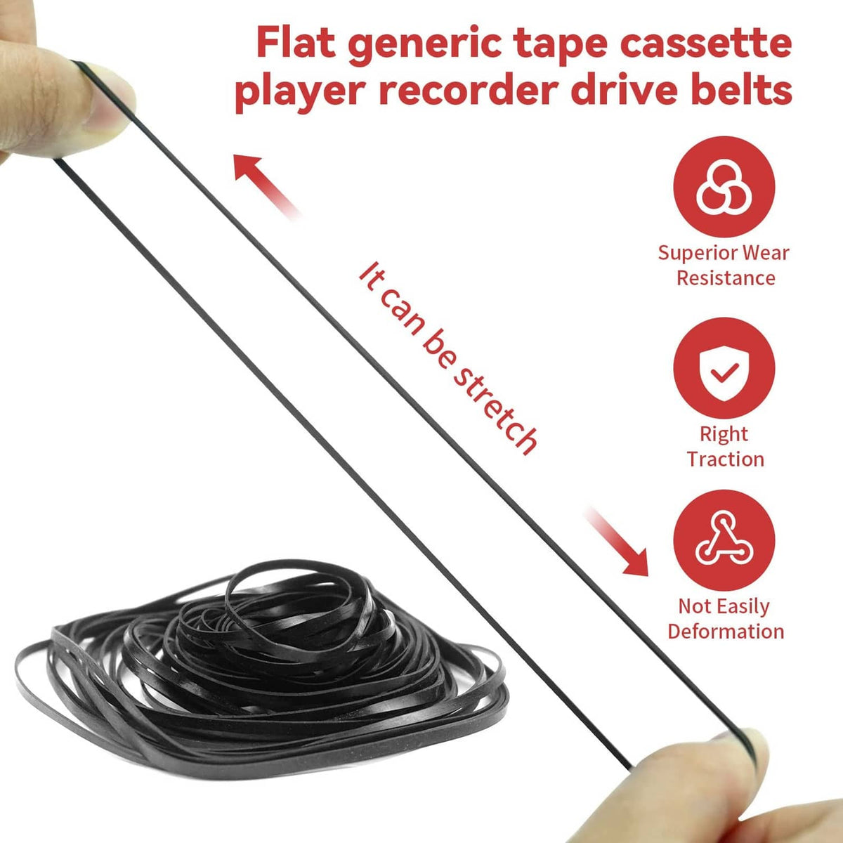 Flat black rubber tape player drive belts being stretched by hands.