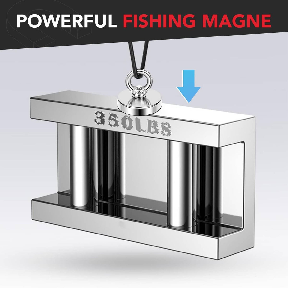 Stainless steel fishing magnet with ring eye lifting a metal bar, 350 lbs