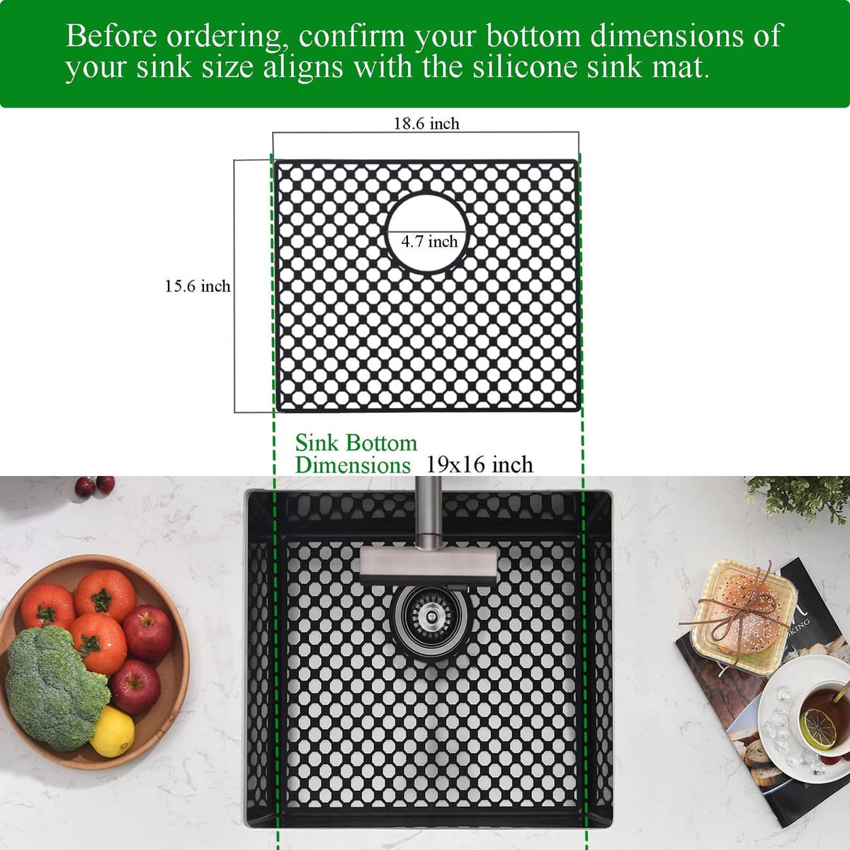 Black silicone sink mat with drain opening and hexagonal hole pattern