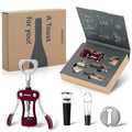 Wine opener accessories gift set with red corkscrew, foil cutter, stoppers, and aerator