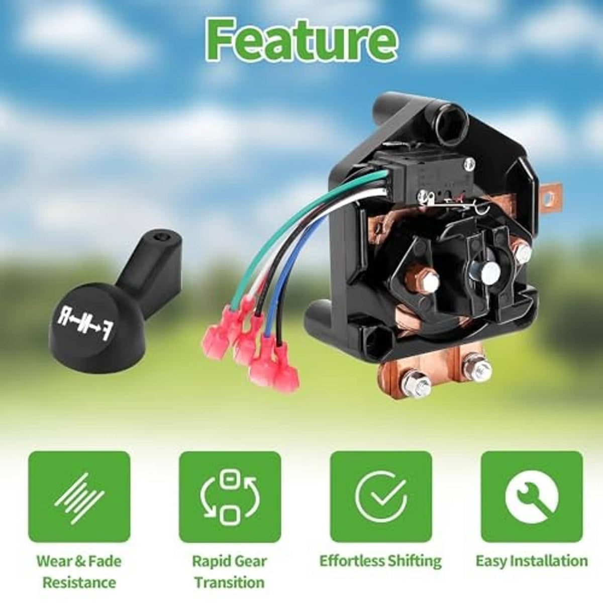 Forward/reverse switch assembly with black knob and multicolor wire leads