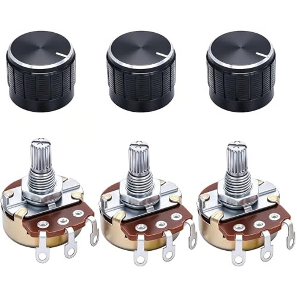 Rotary variable potentiometer set: black round knobs with metal terminals and mounting holes