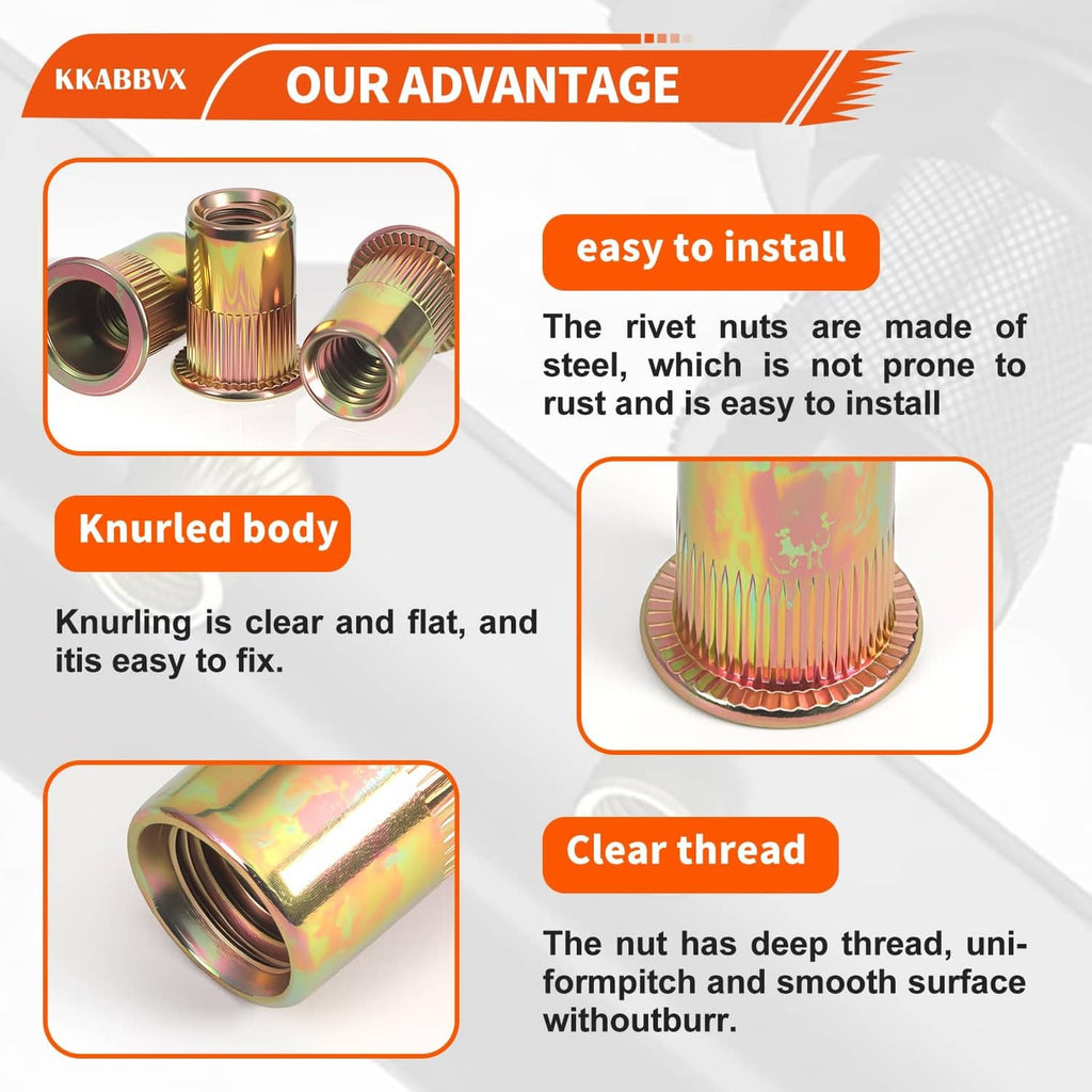 Rivet nut feature graphic showing knurled body and clear threads for easy installation