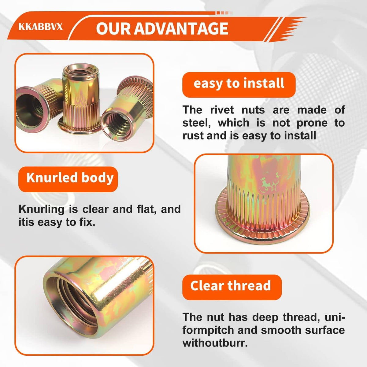 Rivet nut feature graphic showing knurled body and clear threads for easy installation
